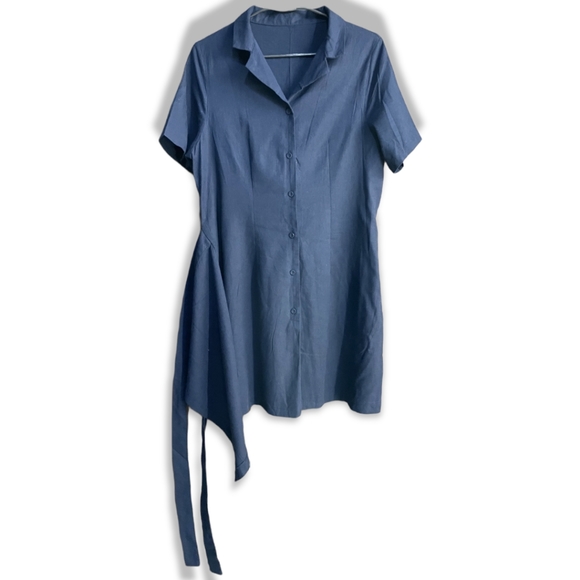 Cotton Linen Blend Shirt Dress, Blue - Picture 2 of 5